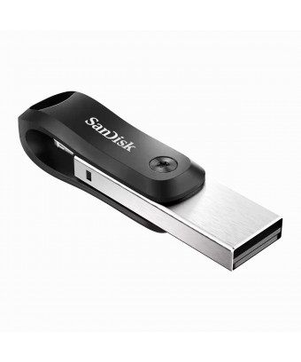Clé USB SanDisk iXpand 64 Go pour iPhone et iPad avec accroche - vue inclinée