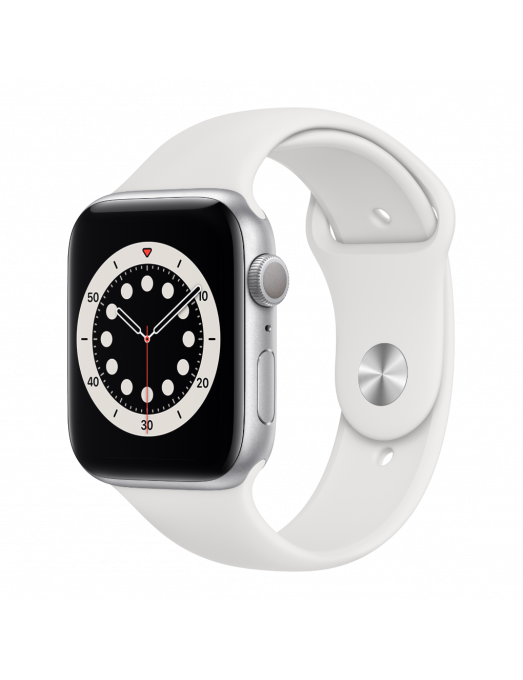 Apple Watch Serie 6 GPS 40mm Silver Aluminium avec white Sport Band - side view Apple Watch Serie 6 GPS 40mm Silver Aluminium avec white Sport Band - side view