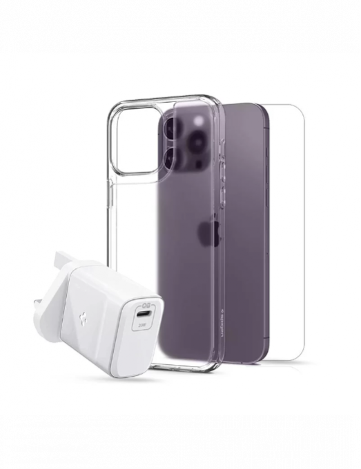 Pack Spigen pour iPhone 14 Pro avec Etui Transparent Crystal Flex et Screen  Protector et Chargeur PowerArc 20W